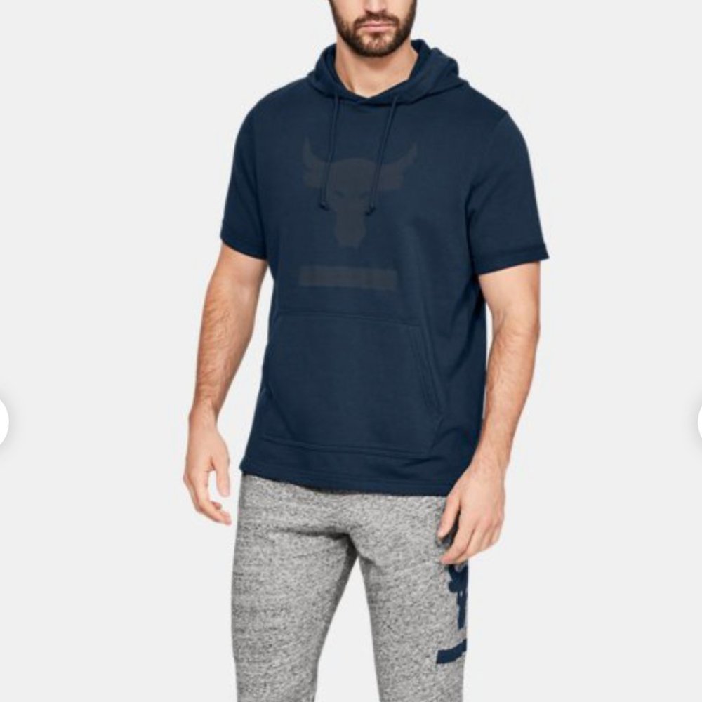 🌿Sale🌿 Under Armour x Project Rock Short Sl Hoodie Blue Men's Size 1345818 408 - Picture 1 of 4